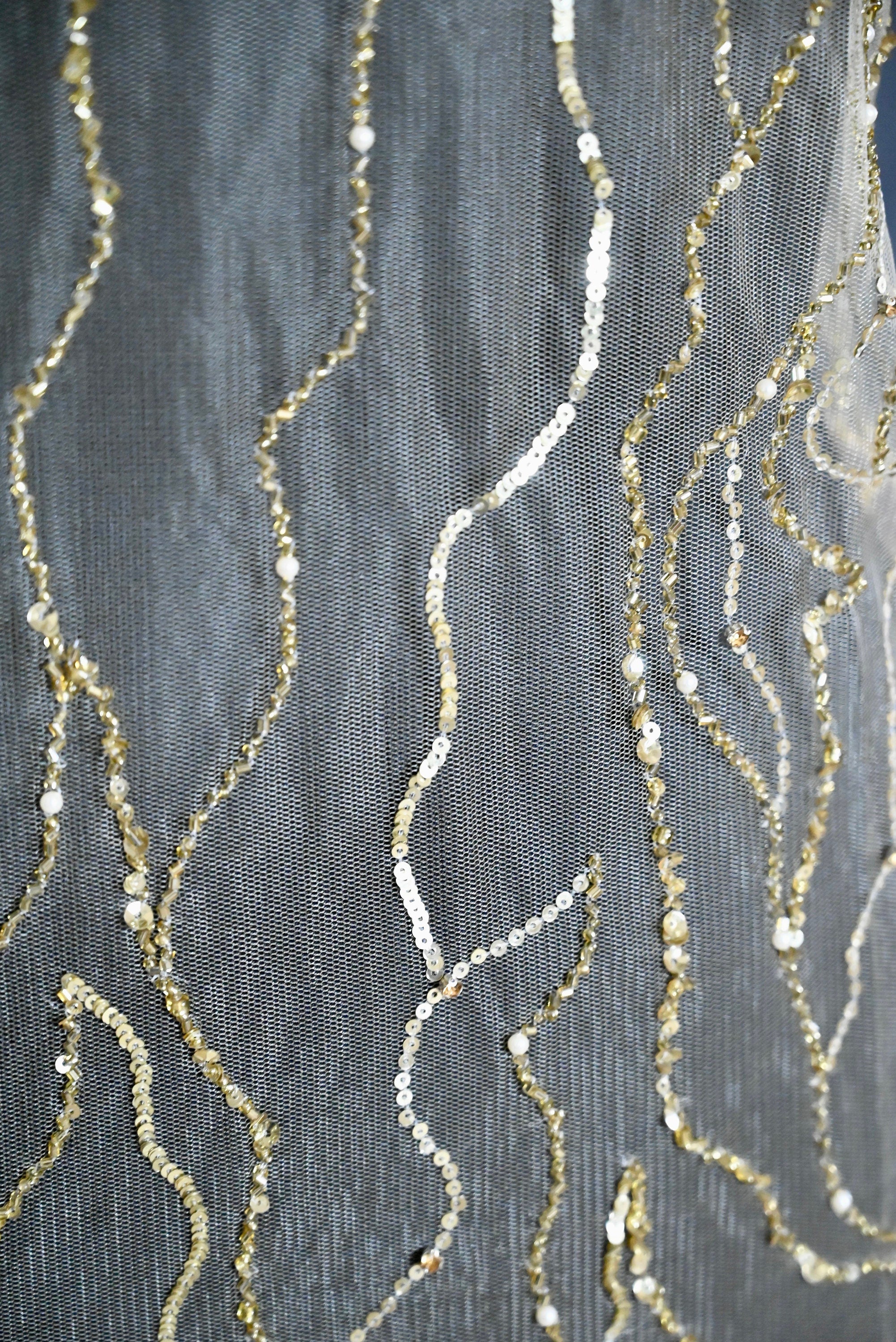 golden Handmade fabric, fishnet sequence EMBROIDERY,  crafted bridal dress, evening gown, or a princesses' dress, LACE WITH sequin