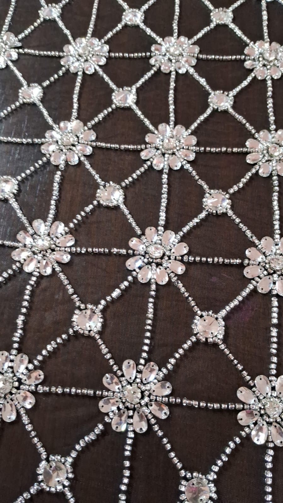 Swarovski Stone Glasss Crystal rhinestones Luxurious Bridal fabric evening gown fabric, crystal flower hand embroidered on black tulle