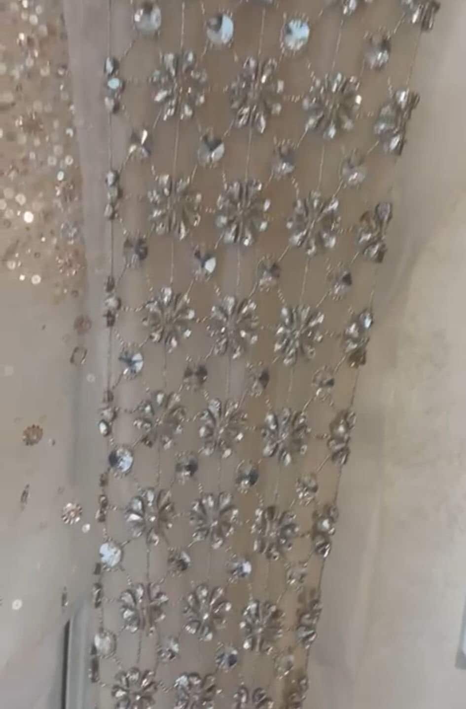 Swarovski Stone Glasss Crystal rhinestones Luxurious Bridal fabric evening gown fabric, crystal flower hand embroidered on black tulle
