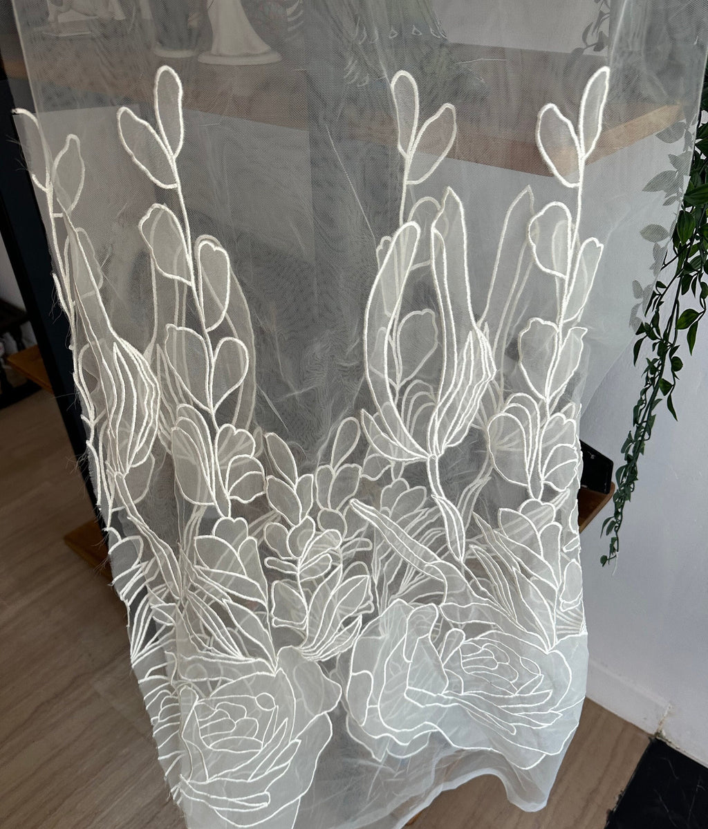 White bridal lace Hand machine white  rose embroidery for skirt bodice dress or veil. 20 yards