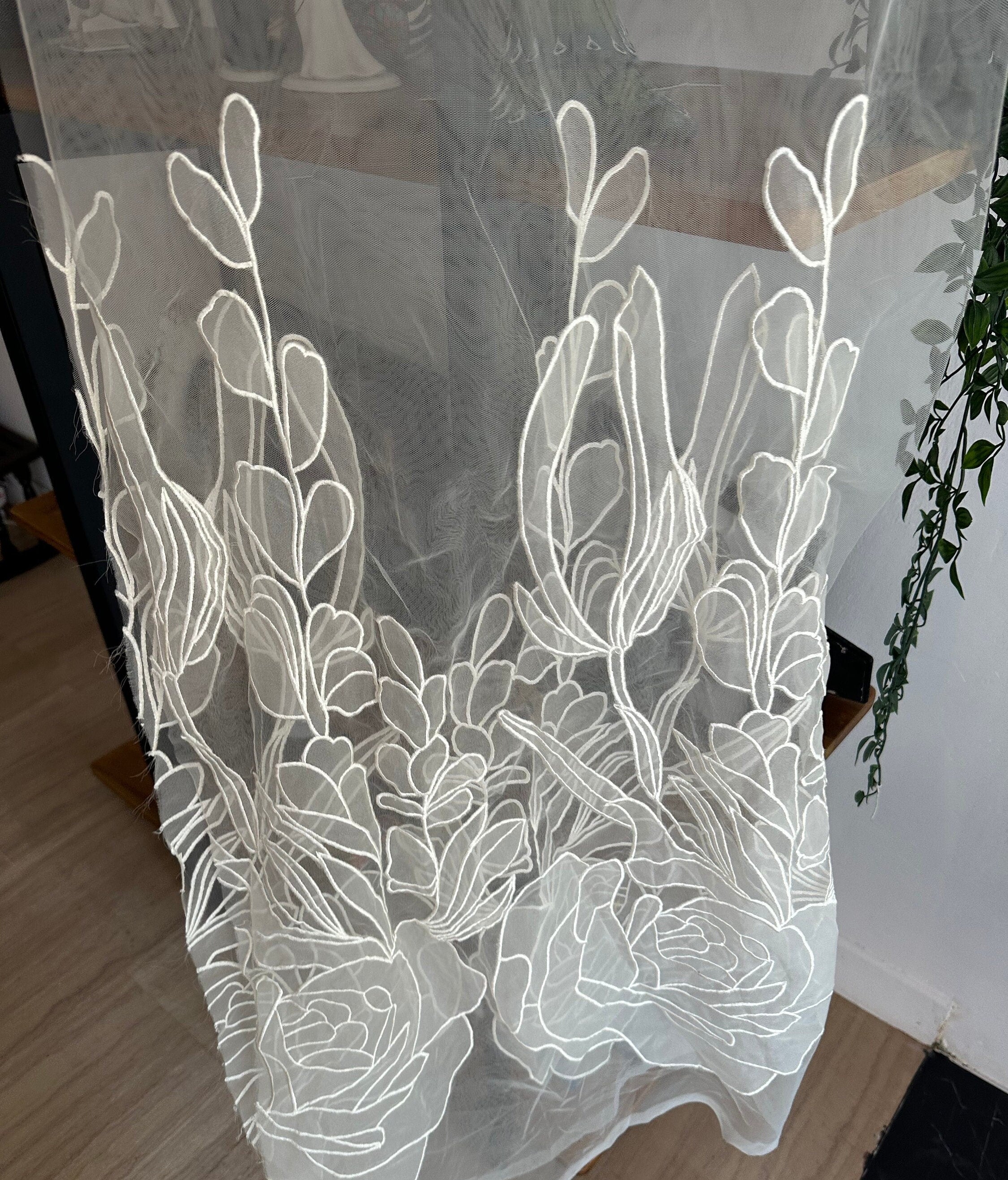 White bridal lace Hand machine white  rose embroidery for skirt bodice dress or veil. 20 yards
