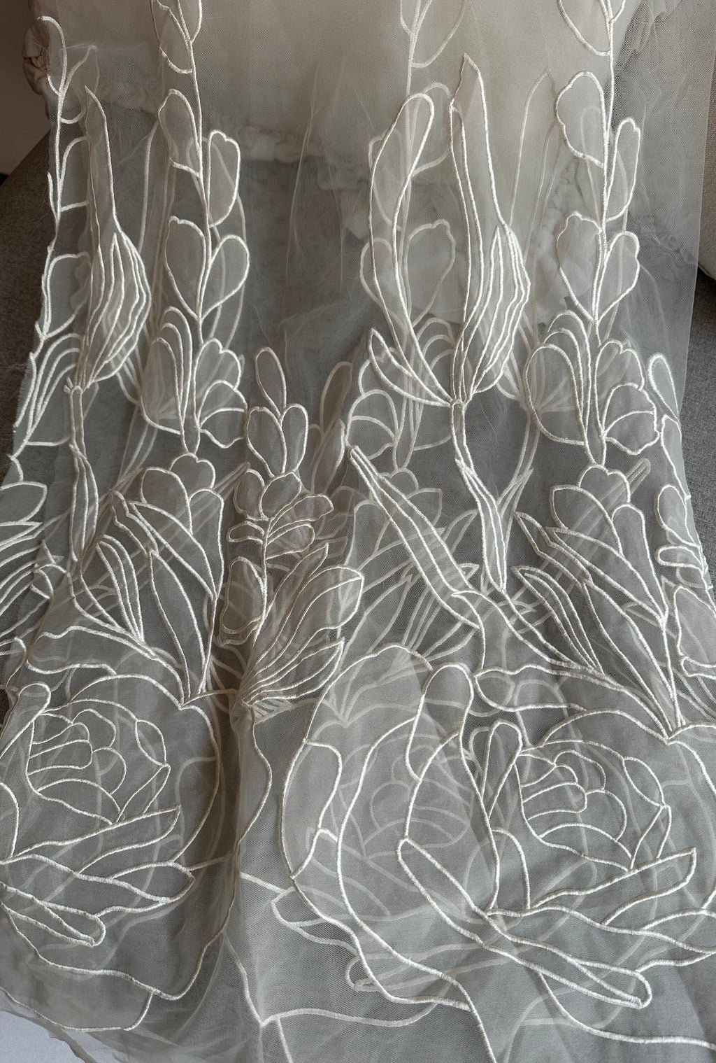 White bridal lace Hand machine white  rose embroidery for skirt bodice dress or veil. 20 yards