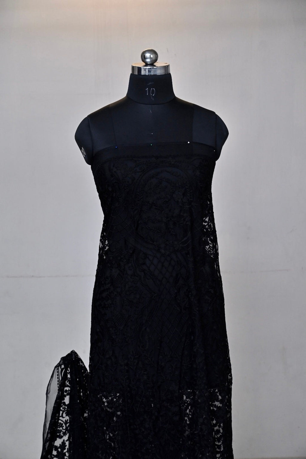 Handmade Luxurious fabric with BLACK RESHAM EMBROIDERY,  crafted for a couture evening gown, lace