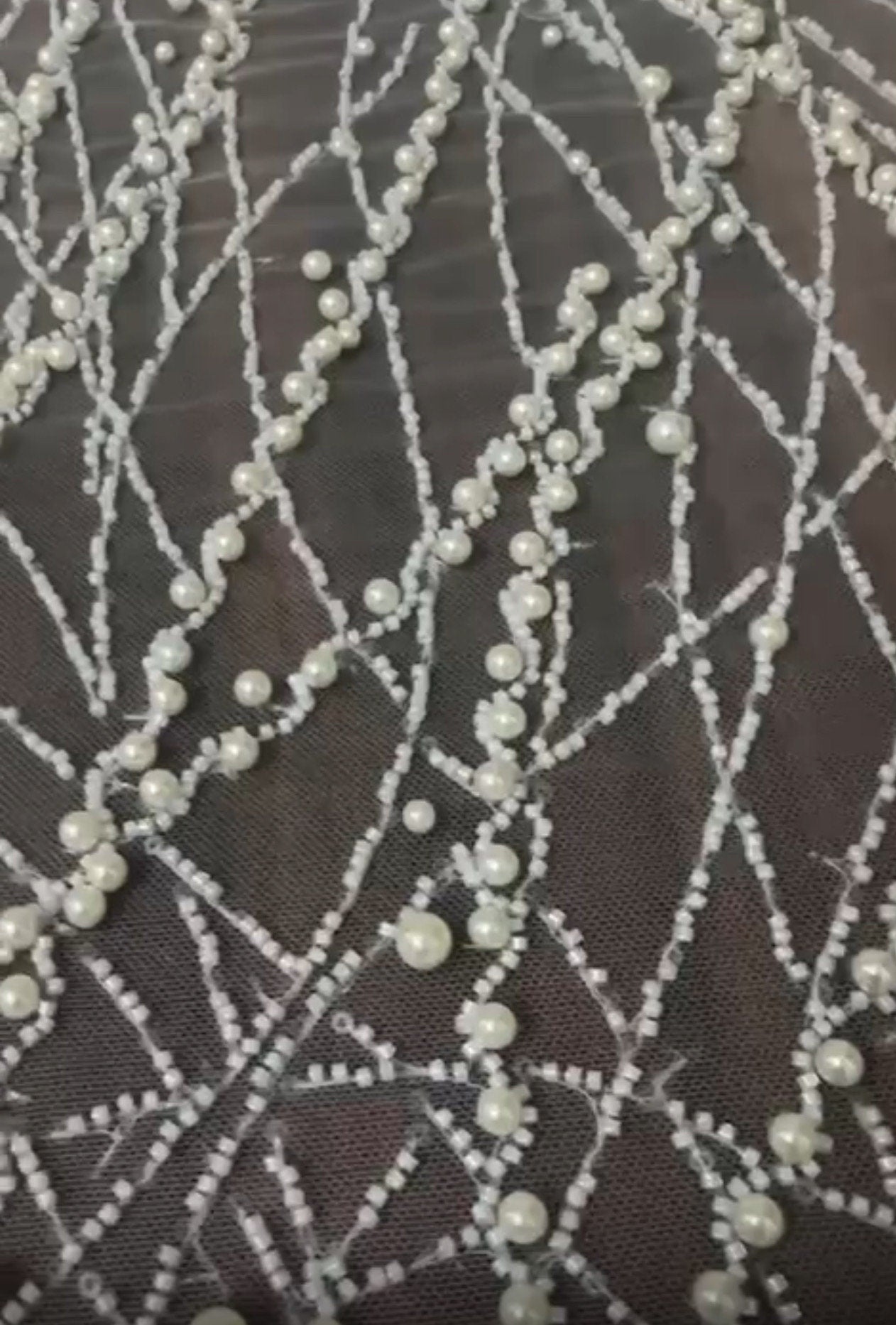 luxury Handmade fabric,  with white beads and floral applique, crafted for a bridal dress, evening gown, or a Gown