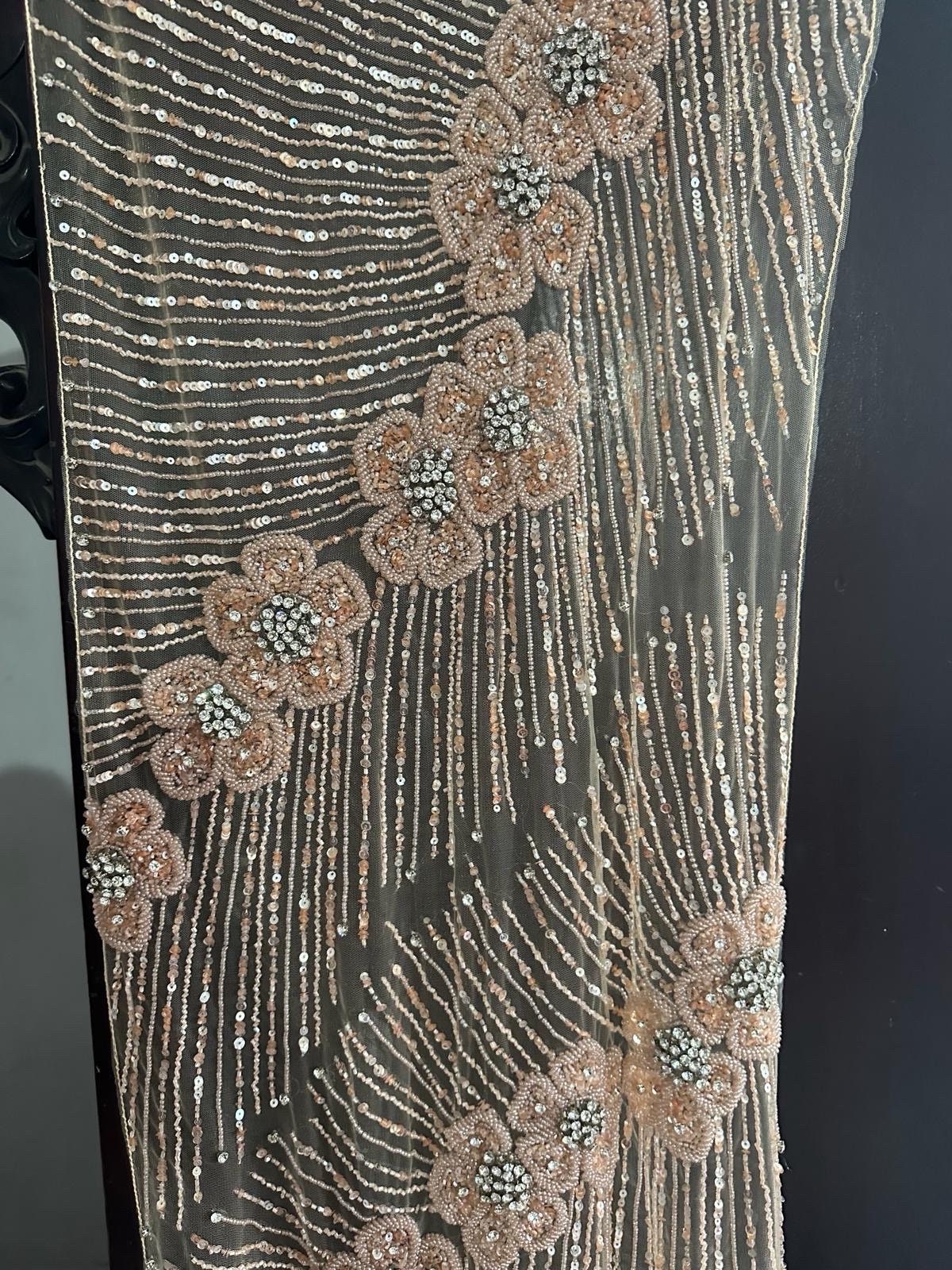 Handmade Luxurious fabric with special hand cut 3d floral applique, individually crafted for an exquisite bridal dress, gown. prom
