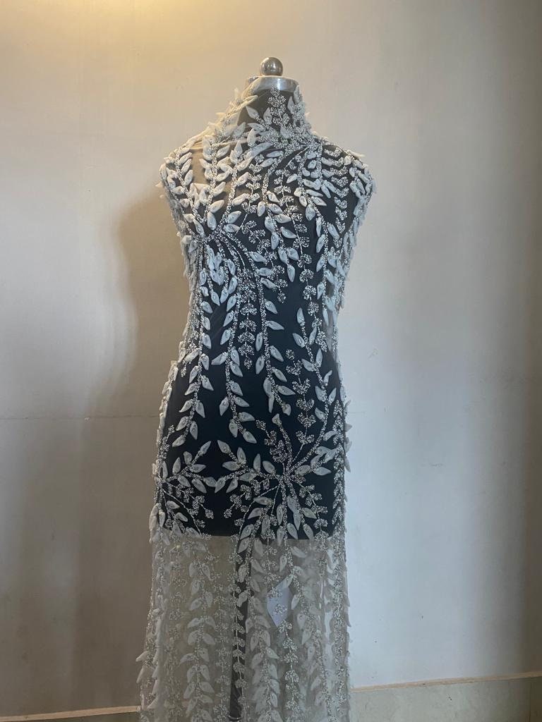 luxury Handmade fabric,  with white beads and floral applique, crafted for a bridal dress, evening gown, or a Gown
