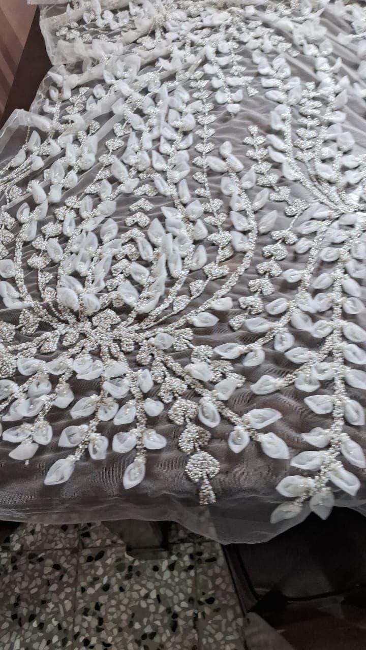 luxury Handmade fabric,  with white beads and floral applique, crafted for a bridal dress, evening gown, or a Gown