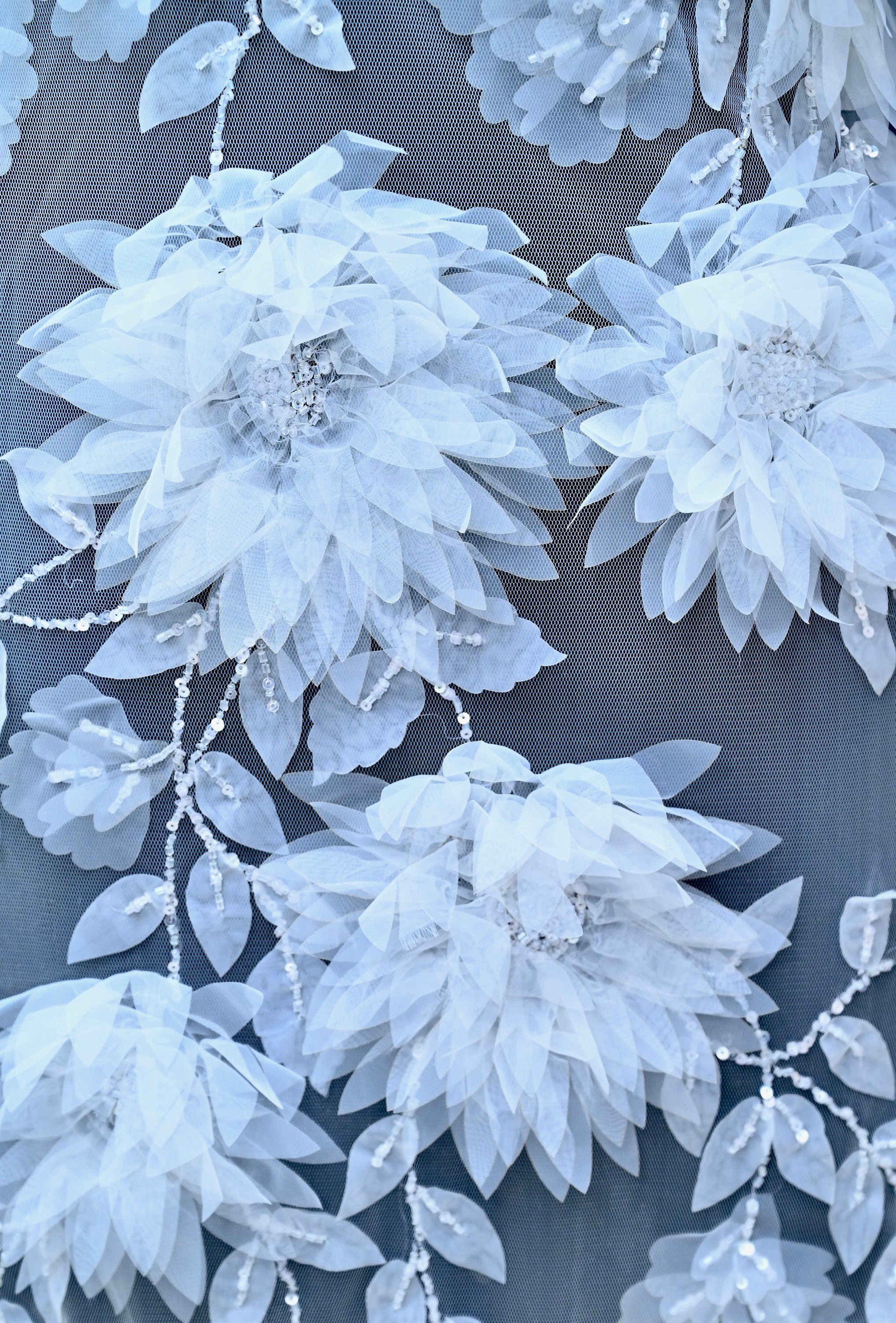Handmade Luxurious fabric, off-white ,hand cut floral applique hand embroidery, for a bridal dress, evening gown, or your sweet 16
