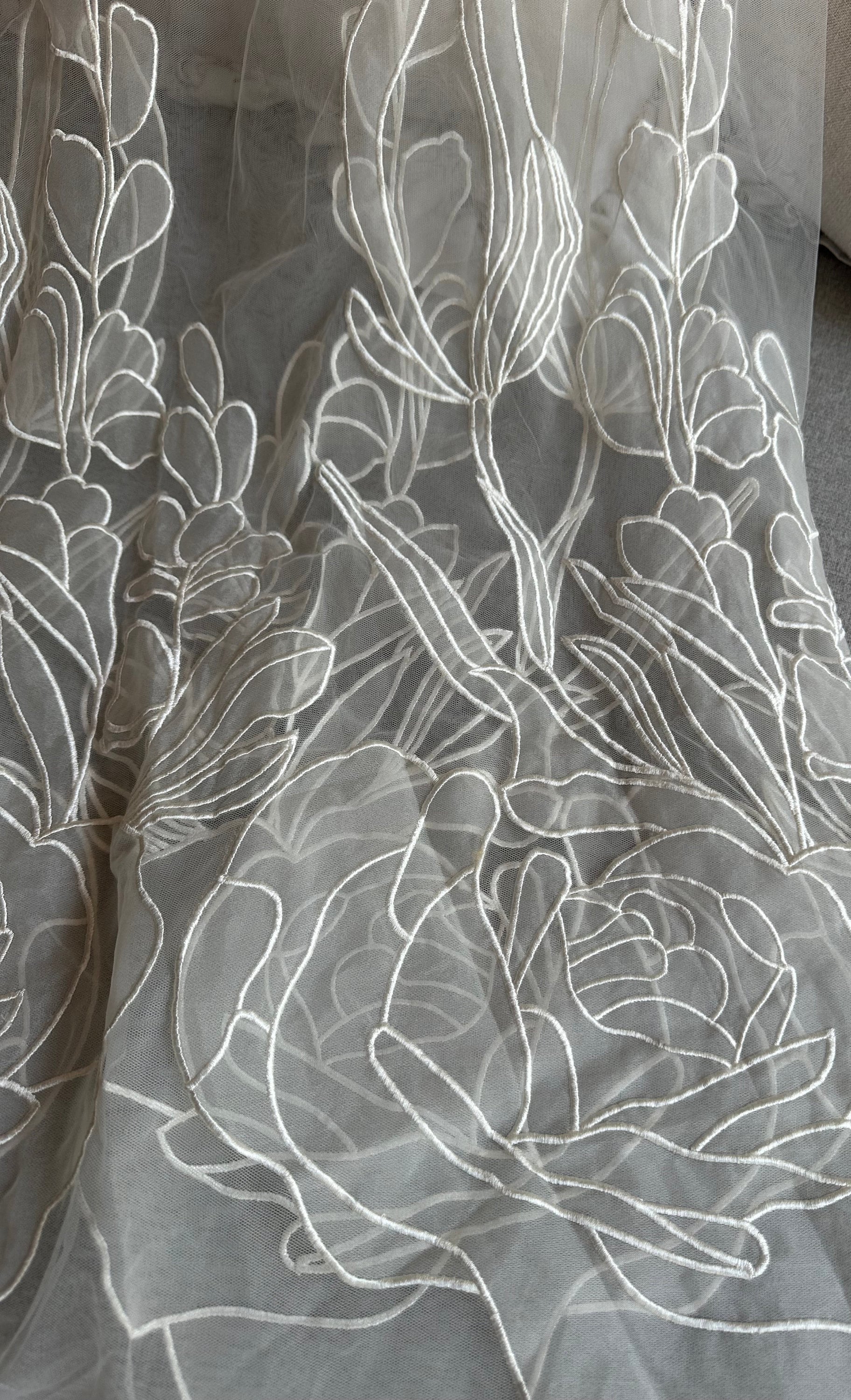 White bridal lace Hand machine white  rose embroidery for skirt bodice dress or veil. 20 yards