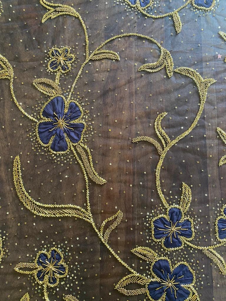 Handmade  fabric with big blue flower EMBROIDERY,  crafted for a wedding couture  dress, evening gown, or a princesses' dress, lace