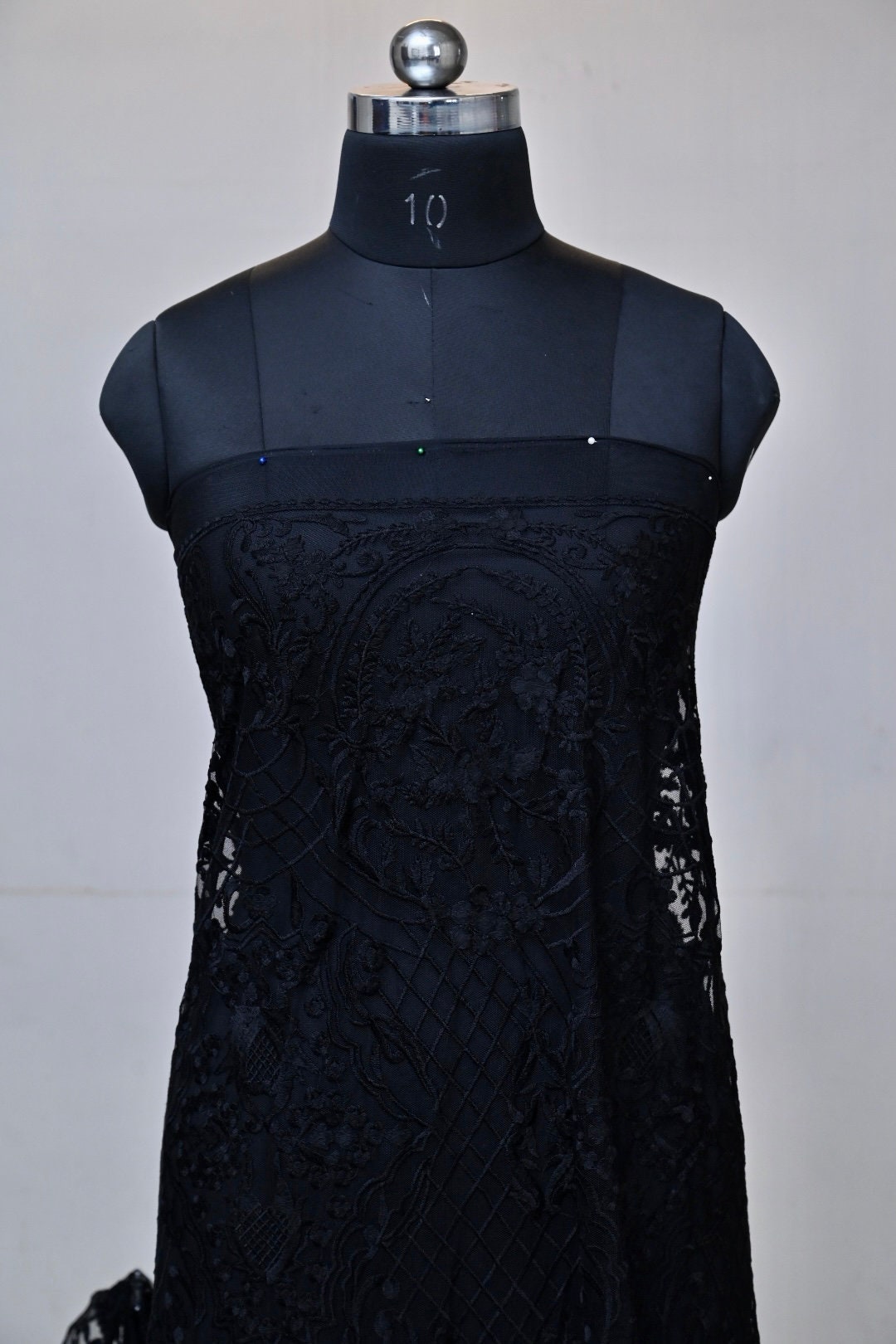 Handmade Luxurious fabric with BLACK RESHAM EMBROIDERY,  crafted for a couture evening gown, lace