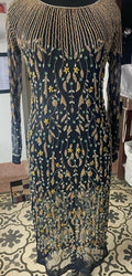 Black and Gold  hand embroidered custom-made dress cocktail party, reception dress, mother of the bride dress, Oscar de la rent dress inspo