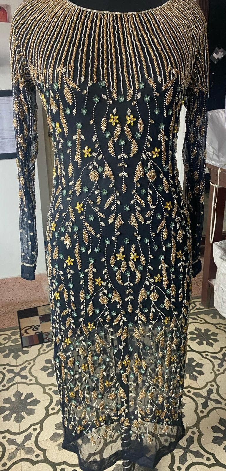 Black and Gold  hand embroidered custom-made dress cocktail party, reception dress, mother of the bride dress, Oscar de la rent dress inspo