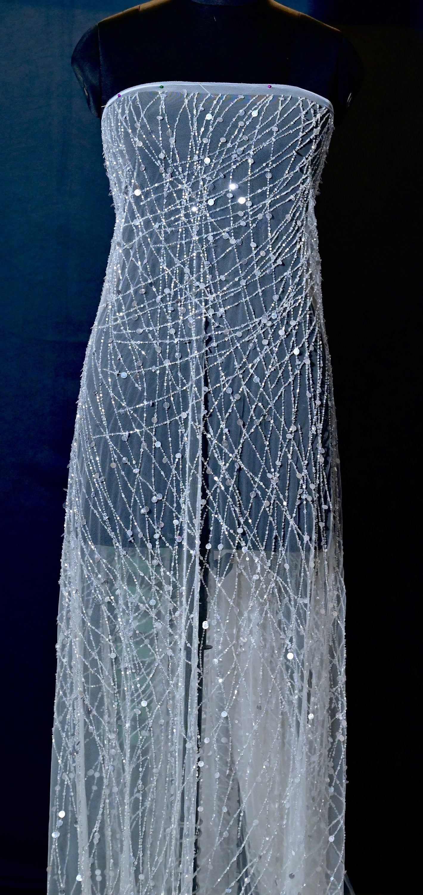 Handmade Luxurious fabric, hand embroidery with sequin beads  crafted for a bridal dress, evening gown, or your princesses' dress
