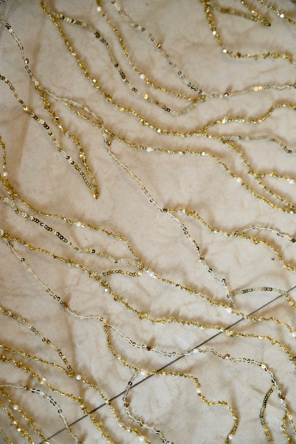 golden Handmade fabric, fishnet sequence EMBROIDERY,  crafted bridal dress, evening gown, or a princesses' dress, LACE WITH sequin