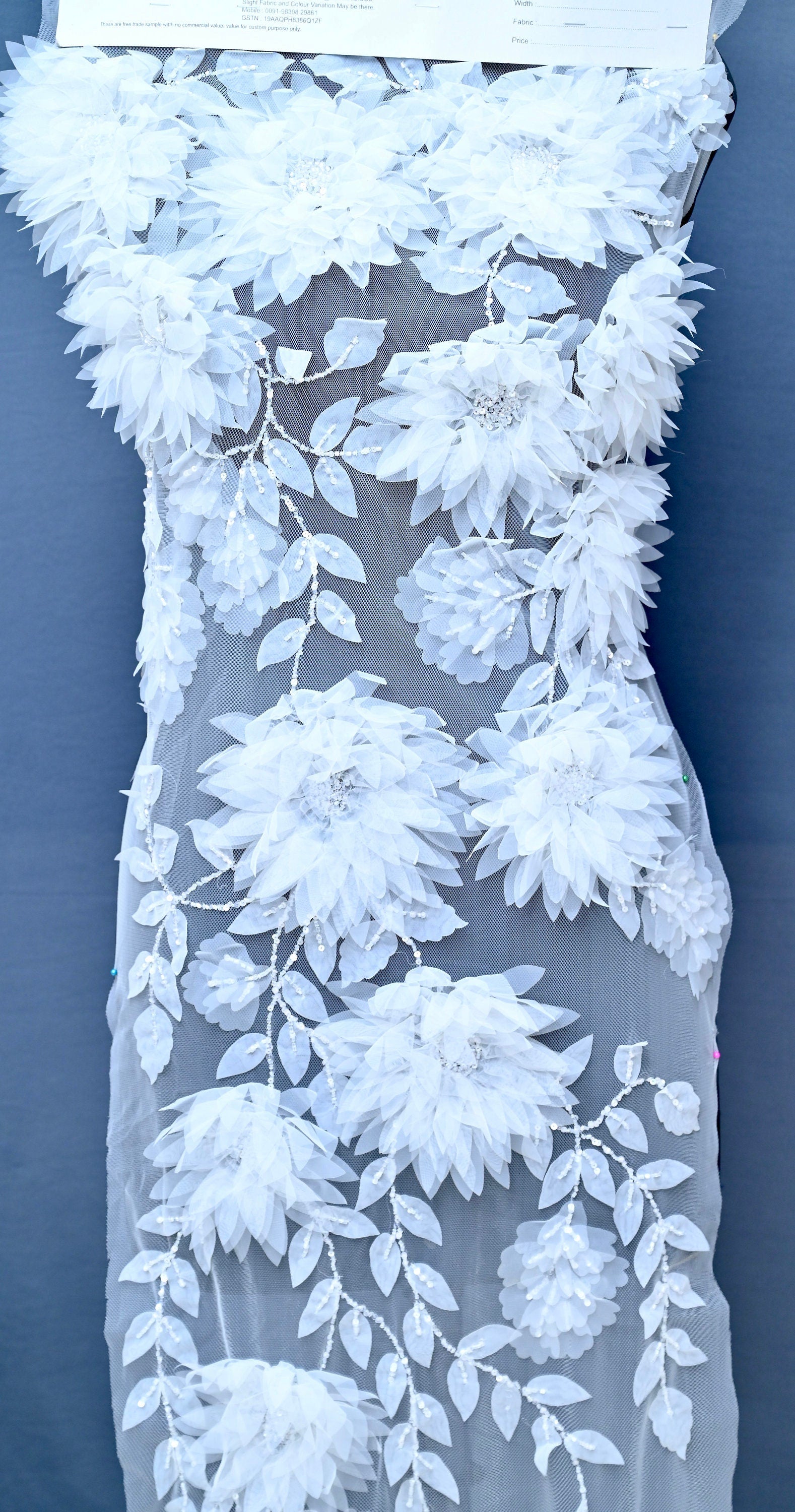 Handmade Luxurious fabric, off-white ,hand cut floral applique hand embroidery, for a bridal dress, evening gown, or your sweet 16