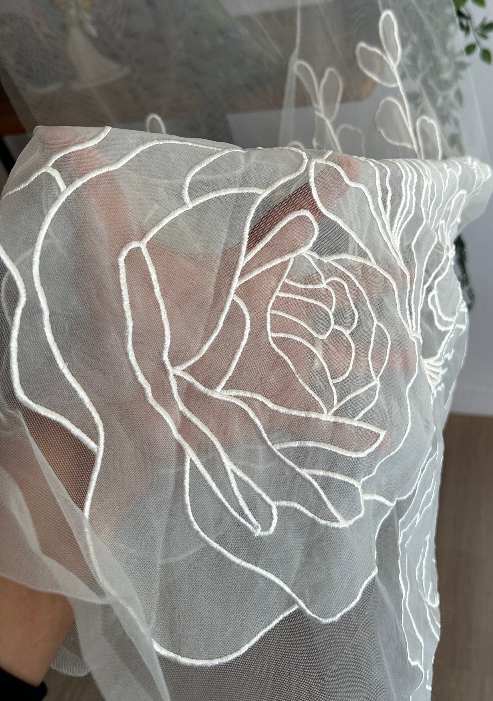 White bridal lace Hand machine white  rose embroidery for skirt bodice dress or veil. 20 yards