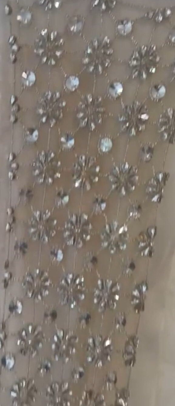 Swarovski Stone Glasss Crystal rhinestones Luxurious Bridal fabric evening gown fabric, crystal flower hand embroidered on black tulle