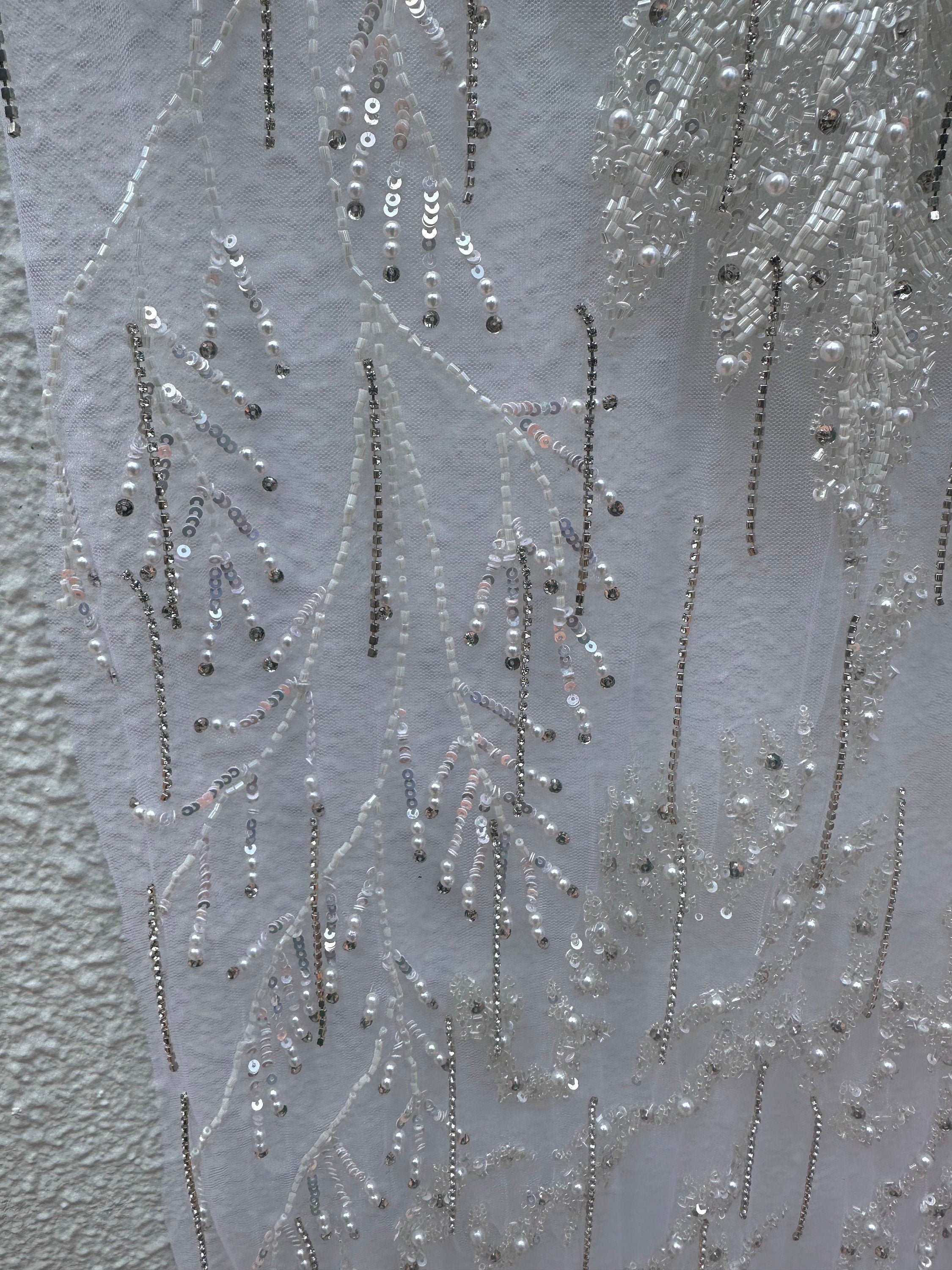 Wedding Gown Dress Fabric, Swarovski crystal tassle  , Hand Embroidery. Evening Gown, Prom Dress , Reception for Oscar de la Renta dress
