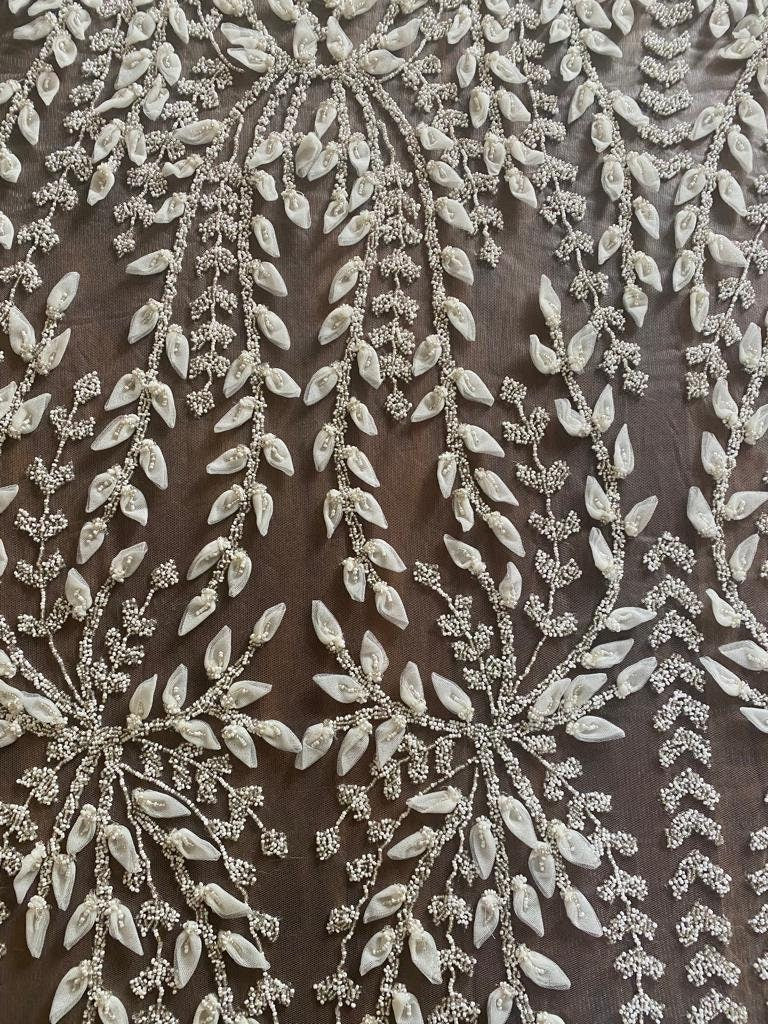 luxury Handmade fabric,  with white beads and floral applique, crafted for a bridal dress, evening gown, or a Gown