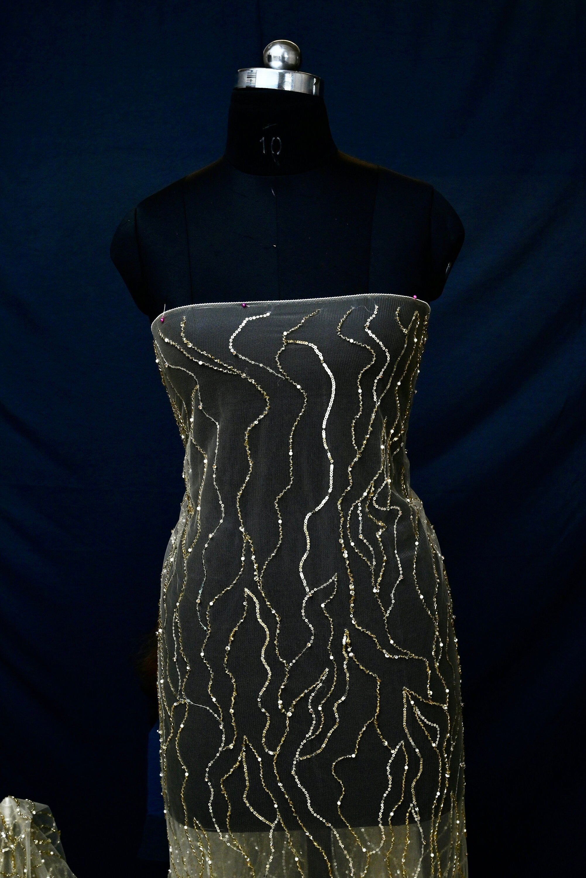 golden Handmade fabric, fishnet sequence EMBROIDERY,  crafted bridal dress, evening gown, or a princesses' dress, LACE WITH sequin
