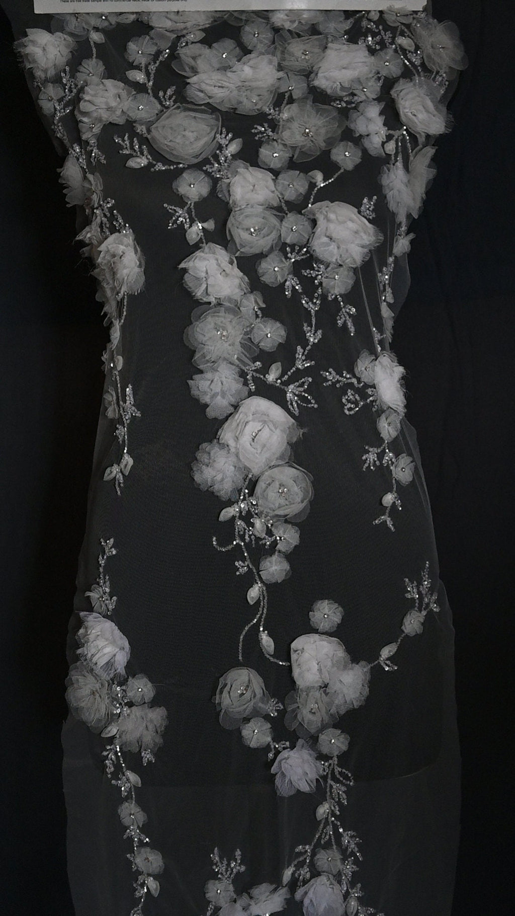 Handmade Luxurious fabric with special hand cut 3d floral applique, individually crafted for an exquisite bridal dress, gown. prom