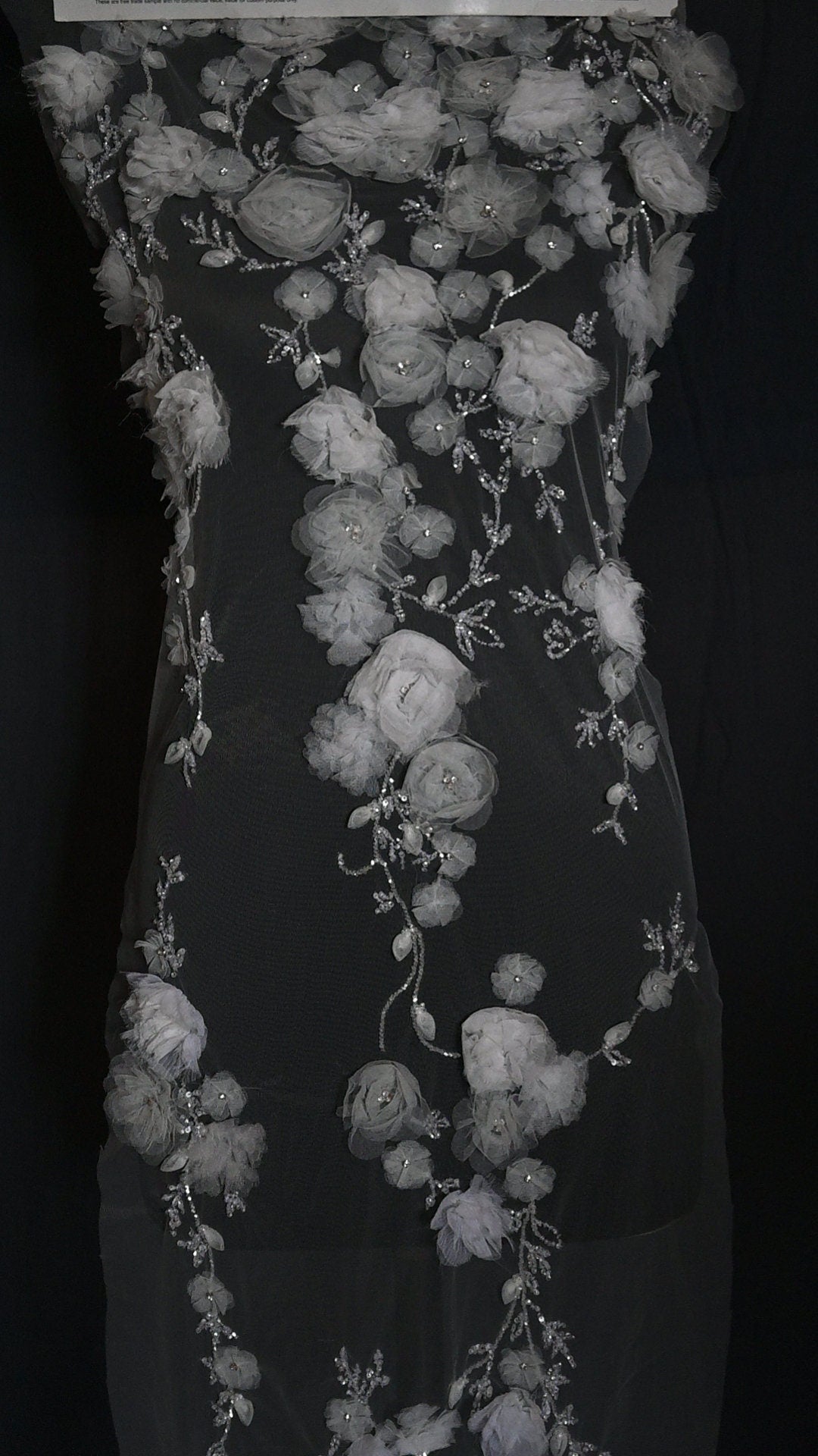 Handmade Luxurious fabric with special hand cut 3d floral applique, individually crafted for an exquisite bridal dress, gown. prom