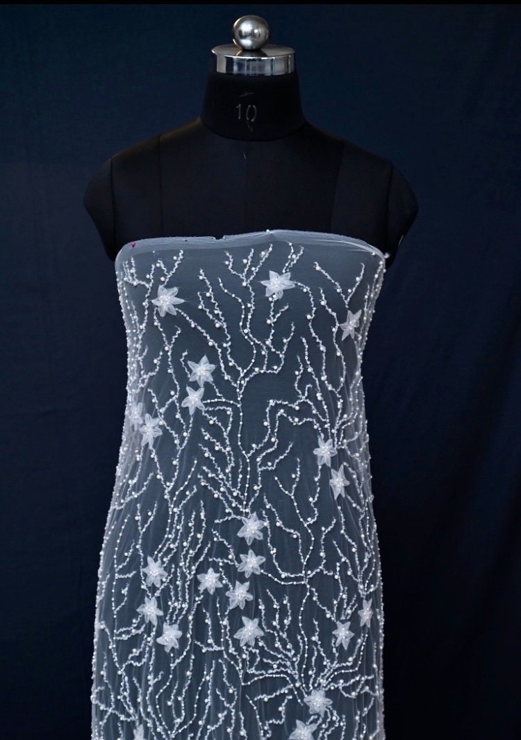 Handmade Luxurious fabric, Bridal BEADS PEARL EMBROIDERY, for a bridal dress, evening gown, or princesses' dress. lace with sequin, applique