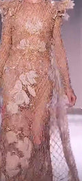 Ellie saab in hand embroidery with hand cut applique organza flowers and cut beads,  pearls, color white, off white, ivory. Champagne