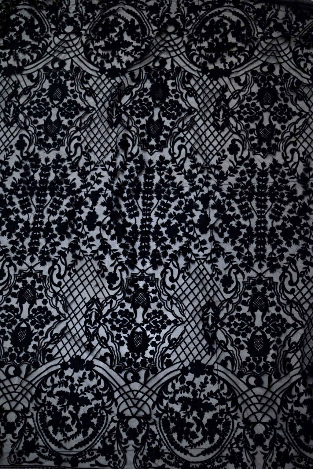 Handmade Luxurious fabric with BLACK RESHAM EMBROIDERY,  crafted for a couture evening gown, lace
