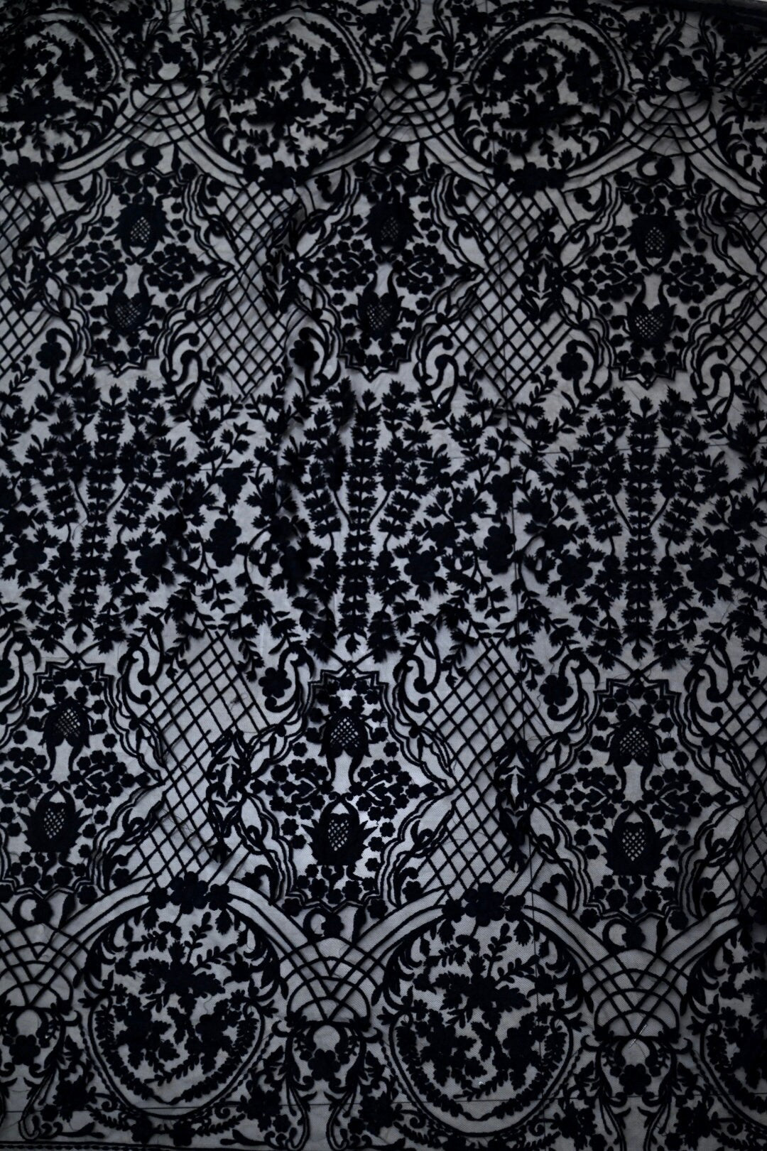 Handmade Luxurious fabric with BLACK RESHAM EMBROIDERY,  crafted for a couture evening gown, lace