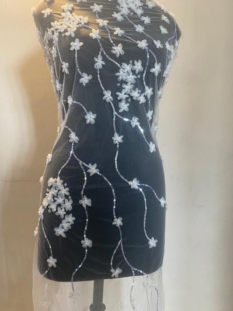 Handmade Luxurious fabric, 3D FLOWER EMBROIDERY,  for bridal, wedding dress, evening gown, or princesses dress, lace of flower and sequin