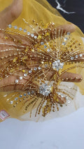 Yellow Handmade fabric, fishnet sequence EMBROIDERY, crafted bridal dress, evening gown, or a cocktail dress fabric, LACE WITH sequin