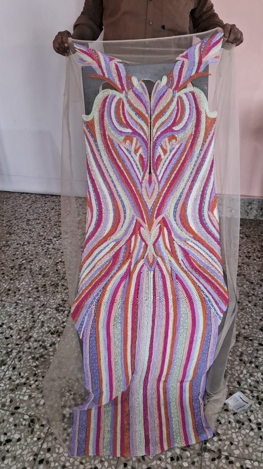 Oscar inspired Hand beaded couture evening gown with heavy embroidery front and back panel, mother of bride, groom Gown