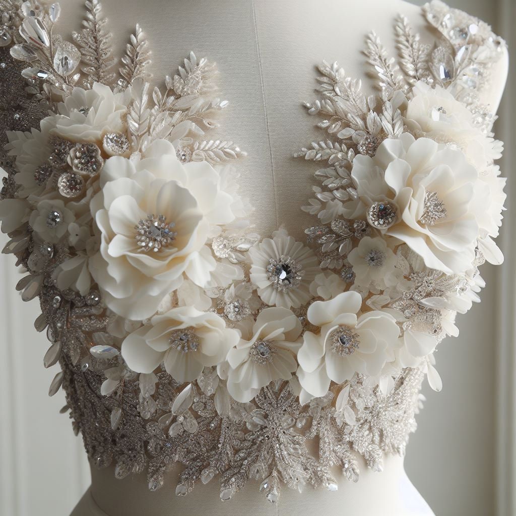 Ellie Saab 2024 inspo hand embroidery, applique 3D Flower Bridal Bodice crystals,Evening Gown, Bridal Corset, Mother of bride, Prom dress.