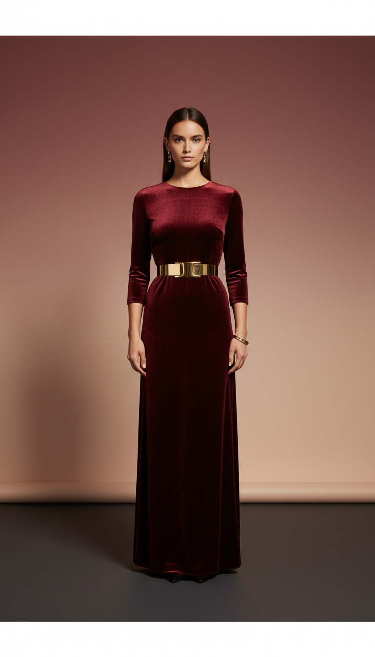 Onyx Velvet Column Dress With Gold Belt