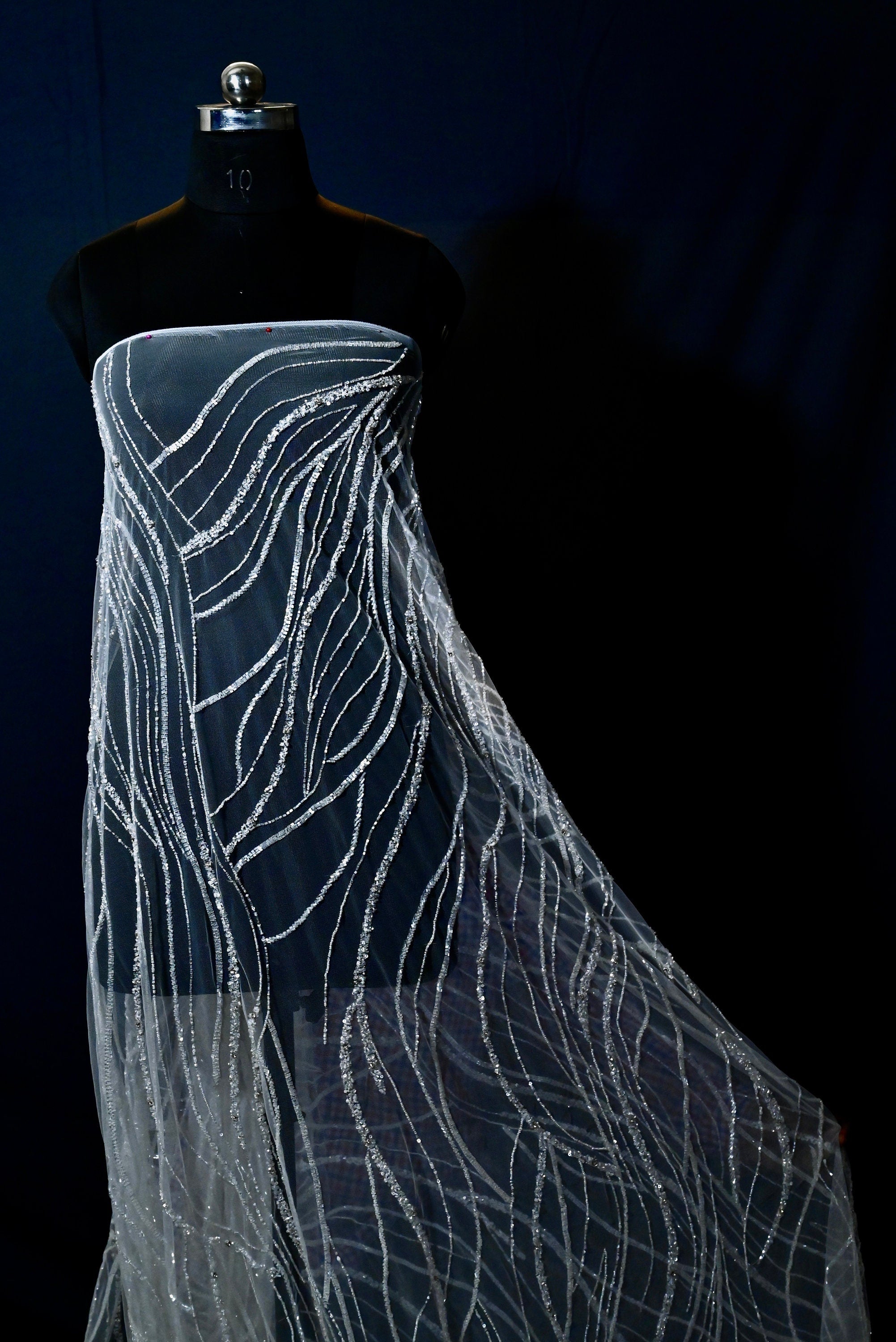 Handmade Luxurious fabric with fishnet sequence EMBROIDERY,  crafted for a bridal dress, evening gown, or a princesses's dress, LACE