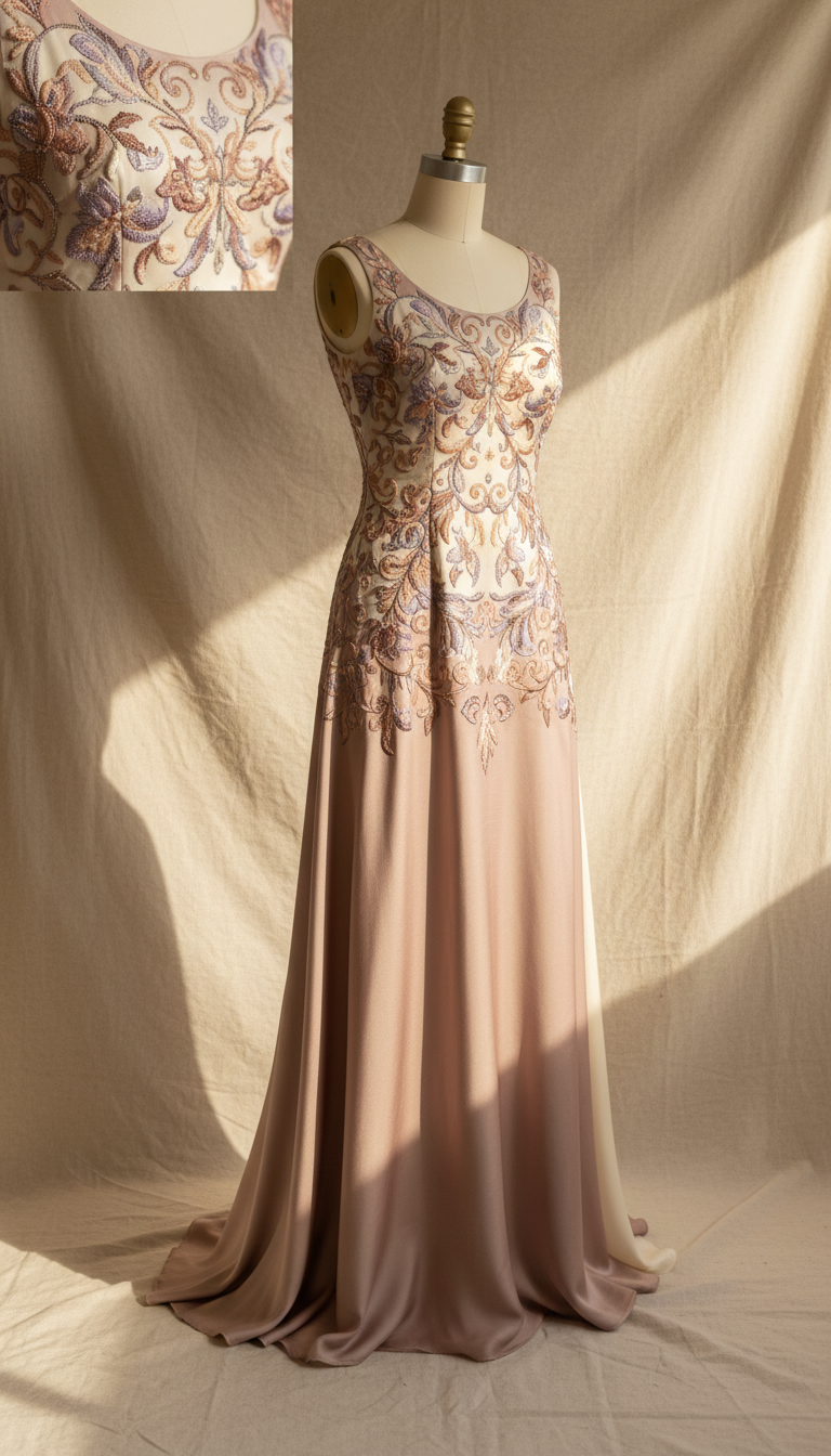 Embroidered silk evening gown