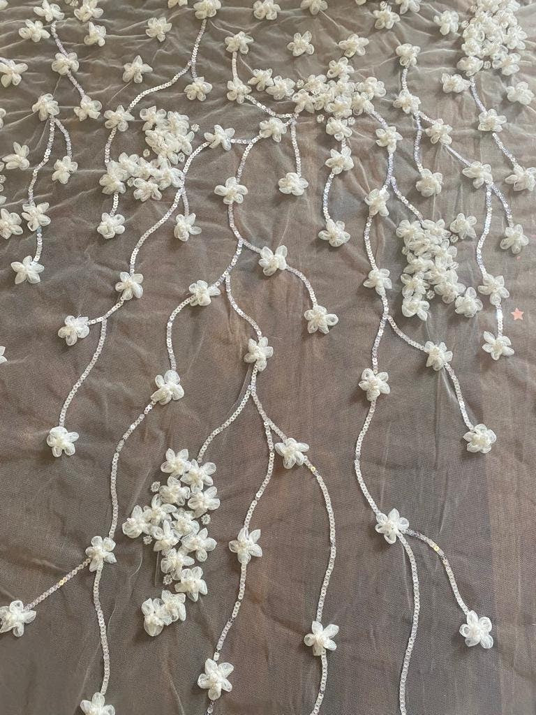 Handmade Luxurious fabric, 3D FLOWER EMBROIDERY,  for bridal, wedding dress, evening gown, or princesses dress, lace of flower and sequin