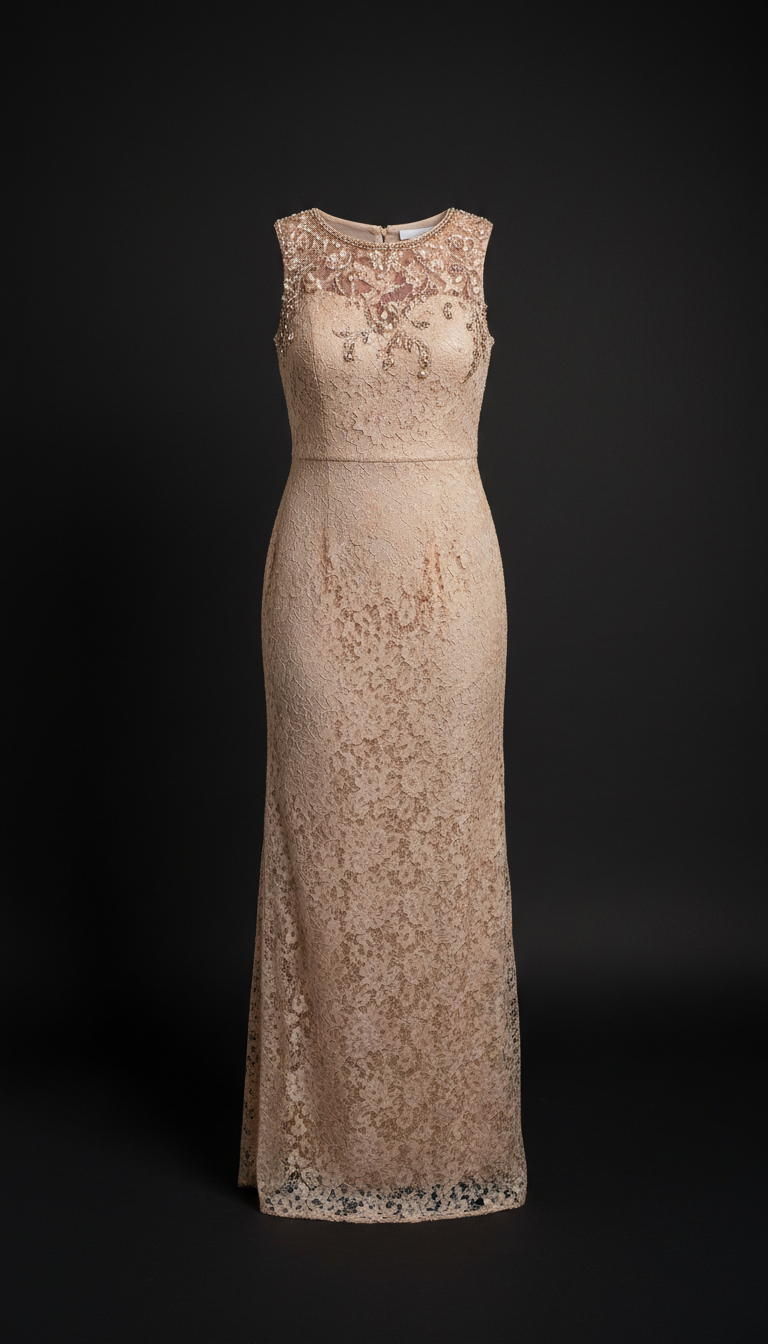 Warm Champagne Lace Sheath With Embellished Neckline