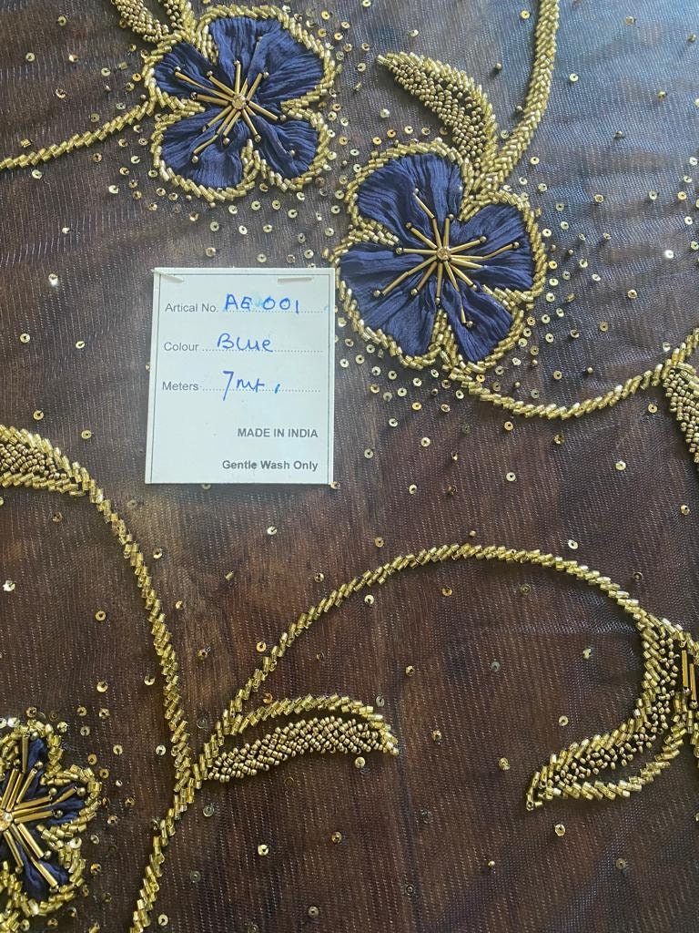 Handmade  fabric with big blue flower EMBROIDERY,  crafted for a wedding couture  dress, evening gown, or a princesses' dress, lace