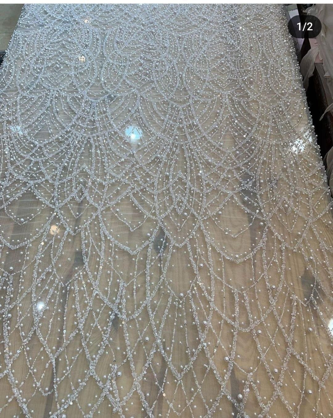 Monique Lhuillier 2024 inspo hand embroidery BEADED Bridal LACE, Scallop, Evening Gown, Mother of bride,
