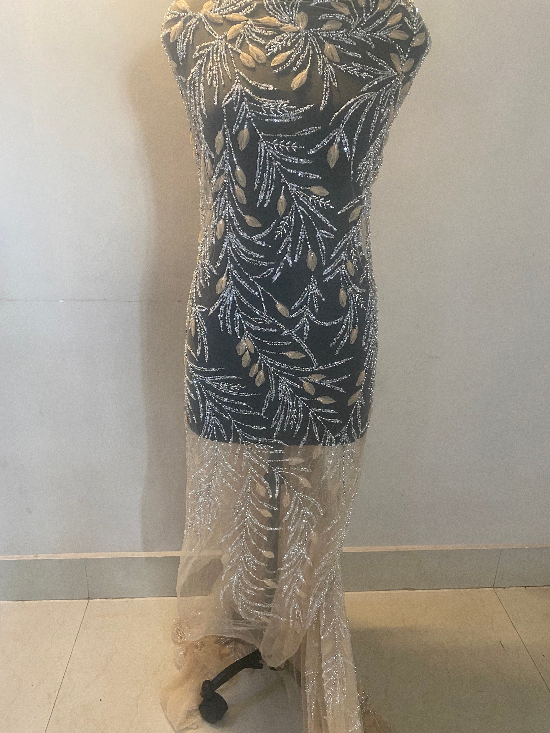 Exquisite Handmade heavy hand beading Luxurious fabric , for a couture evening gown, mother of the bride dress fabric , sister of bride ,