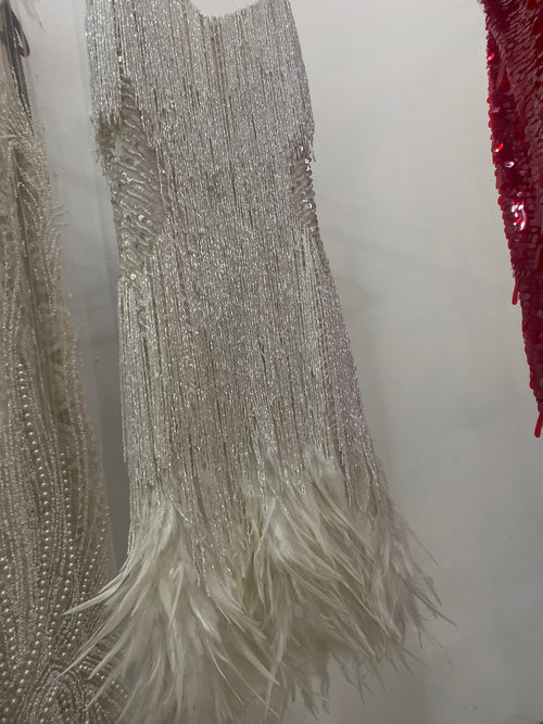 Cocktail reception Dress with couture hand embroider embroidery and real fallen feathers.